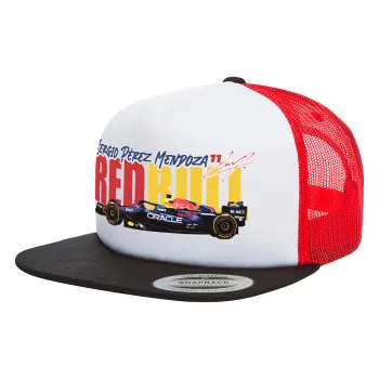 Sergio Perez - F1 Red Bull Racing, Adult Foam Flat Snapback with Mesh Black-White-Red (POLYESTER, ADULT, UNISEX, ONE SIZE)