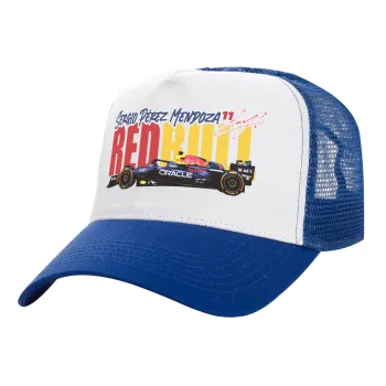 Sergio Perez - F1 Red Bull Racing, Adult Structured Trucker Hat, with Mesh, WHITE/BLUE (100% COTTON, ADULT, UNISEX, ONE SIZE)