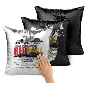 Sergio Perez - F1 Red Bull Racing, Μαξιλάρι καναπέ Μαγικό Μαύρο με πούλιες 40x40cm περιέχεται το γέμισμα
