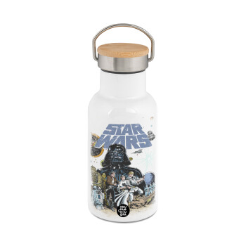 Star Wars, Metallic thermos (Stainless steel) White with wooden lid (bamboo), double-walled, 350ml