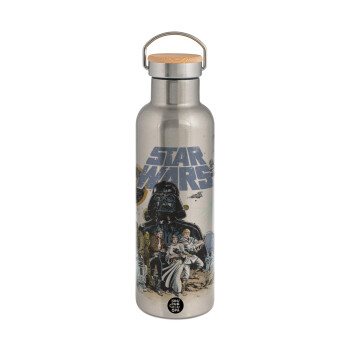 Star Wars, Μεταλλικό παγούρι θερμός (Stainless steel) Ασημένιο με ξύλινο καπακι (bamboo), διπλού τοιχώματος, 750ml