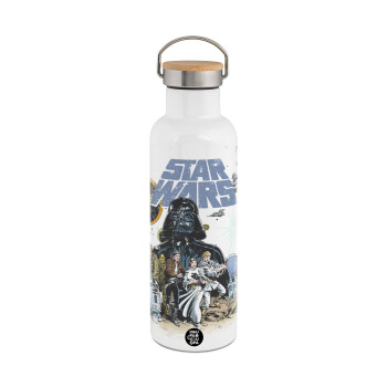 Star Wars, Μεταλλικό παγούρι θερμός (Stainless steel) Λευκό με ξύλινο καπάκι (bamboo), διπλού τοιχώματος, 750ml