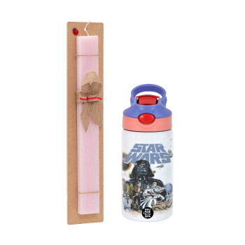 Star Wars, Πασχαλινή Λαμπάδα με Παιδικό παγούρι θερμό, ανοξείδωτο, με καλαμάκι ασφαλείας, ροζ/μωβ (350ml) & κερί αρωματικό πλακέ (30cm) (ΡΟΖ)