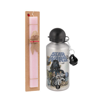 Star Wars, Πασχαλινή Λαμπάδα με παγούρι μεταλλικό Ασημένιο αλουμινίου (500ml) & κερί αρωματικό πλακέ (30cm) (ΡΟΖ)