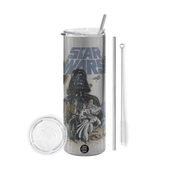 Star Wars, Tumbler ποτήρι θερμό Ασημένιο από ανοξείδωτο ατσάλι 600ml, με μεταλλικό καλαμάκι & βούρτσα καθαρισμού