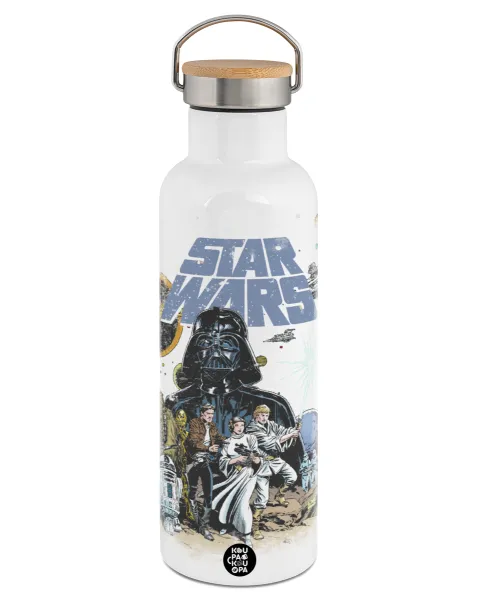 Star Wars — Μεταλλικό παγούρι θερμός (Stainless steel) Λευκό με ξύλινο καπάκι (bamboo), διπλού τοιχώματος, 750ml