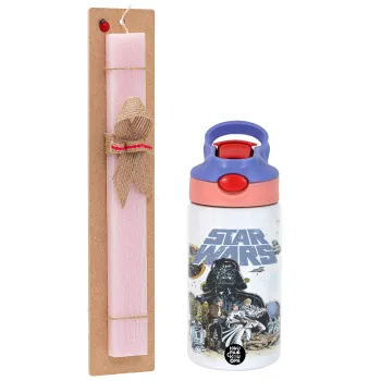 Star Wars, Easter Set, Children's thermal stainless steel water bottle with safety straw, pink/purple (350ml) & Easter scented flat candle (30cm) (PINK)