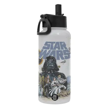 Star Wars, Μεταλλικό παγούρι θερμός Λευκό με καλαμάκι και χερούλι (Stainless steel), διπλού τοιχώματος, 950ml