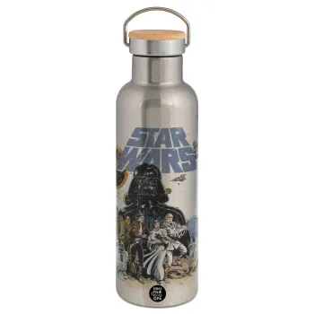Star Wars, Μεταλλικό παγούρι θερμός (Stainless steel) Ασημένιο με ξύλινο καπακι (bamboo), διπλού τοιχώματος, 750ml