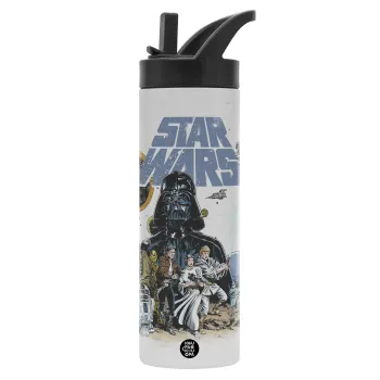 Star Wars, Metallic thermos bottle with straw & handle, stainless steel (Stainless steel 304), double-walled, 600ml.