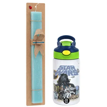 Star Wars, Easter Set, Children's thermal stainless steel bottle with safety straw, green/blue (350ml) & aromatic flat Easter candle (30cm) (TURQUOISE)