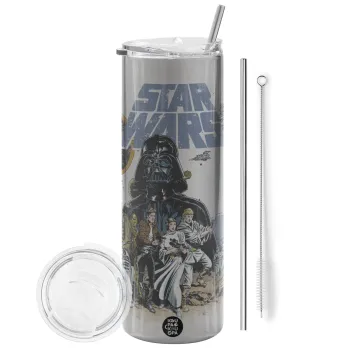 Star Wars, Tumbler ποτήρι θερμό Ασημένιο από ανοξείδωτο ατσάλι 600ml, με μεταλλικό καλαμάκι & βούρτσα καθαρισμού