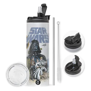 Star Wars, Travel Tumbler 2 Lids, with metal straw & cleaning brush (Stainless steel 304 Food grade, BPA free, 600ml)