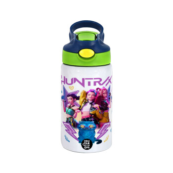 Huntrix K-pop series, Children's hot water bottle, stainless steel, with safety straw, green, blue (350ml)