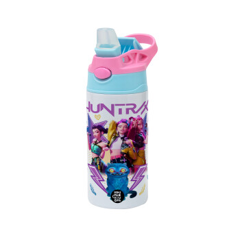 Huntrix K-pop series, Παιδικό παγούρι θερμό, ανοξείδωτο, με καλαμάκι ασφαλείας, Ροζ/Σιελ (360ml) BPA FREE