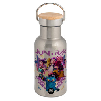 Huntrix K-pop series, Μεταλλικό παγούρι θερμός (Stainless steel) Ασημένιο με ξύλινο καπακι (bamboo), διπλού τοιχώματος, 350ml
