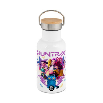 Huntrix K-pop series, Μεταλλικό παγούρι θερμός (Stainless steel) Λευκό με ξύλινο καπακι (bamboo), διπλού τοιχώματος, 350ml