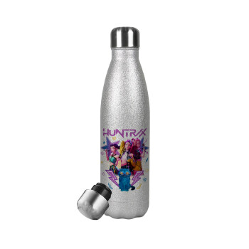 Huntrix K-pop series, Μεταλλικό παγούρι θερμός Glitter Aσημένιο (Stainless steel), διπλού τοιχώματος, 500ml