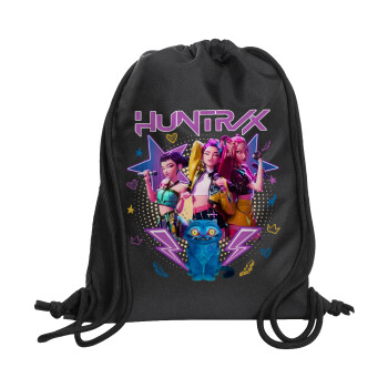 Huntrix K-pop series, Backpack pouch GYMBAG Black, with pocket (40x48cm) & thick cords