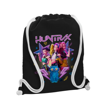 Huntrix K-pop series, Τσάντα πλάτης πουγκί GYMBAG Μαύρη, με τσέπη (40x48cm) & χονδρά λευκά κορδόνια