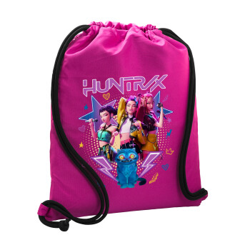Huntrix K-pop series, Τσάντα πλάτης πουγκί GYMBAG Φούξια, με τσέπη (40x48cm) & χονδρά κορδόνια
