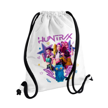 Huntrix K-pop series, Backpack pouch GYMBAG white, with pocket (40x48cm) & thick cords
