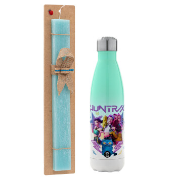 Huntrix K-pop series, Easter Set, Metallic green/white thermos (Stainless steel), double-walled, 500ml & scented flat Easter candle (30cm) (TURQUOISE)