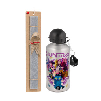 Huntrix K-pop series, Πασχαλινή Λαμπάδα με παγούρι μεταλλικό Ασημένιο αλουμινίου (500ml) & κερί αρωματικό πλακέ (30cm) (ΓΚΡΙ)
