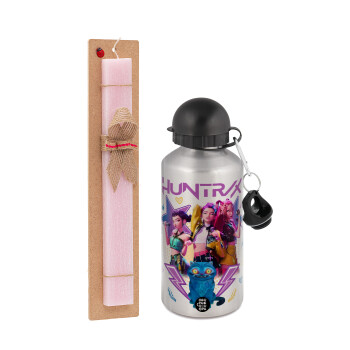 Huntrix K-pop series, Πασχαλινή Λαμπάδα με παγούρι μεταλλικό Ασημένιο αλουμινίου (500ml) & κερί αρωματικό πλακέ (30cm) (ΡΟΖ)