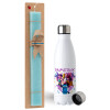 Easter Set, metallic stainless steel water bottle (750ml) & aromatic flat Easter candle (30cm) (TURQUOISE)