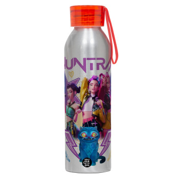 Huntrix K-pop series, Αλουμινένιο Αθλητικό Μπουκάλι 650ml – Ασημί με Κόκκινο Καπάκι και Λουράκι Σιλικόνης