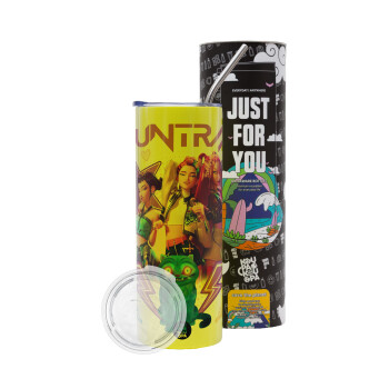 Huntrix K-pop series, Neon Yellow Travel Tumbler θερμό, μεταλλικό καλαμάκι(Ανωξείδωτο 304 Food grade, BPA free, 600ml)