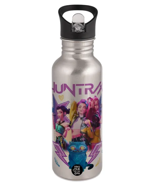 Huntrix K-pop series — Παγούρι νερού Ασημένιο με καλαμάκι, ανοξείδωτο ατσάλι 600ml