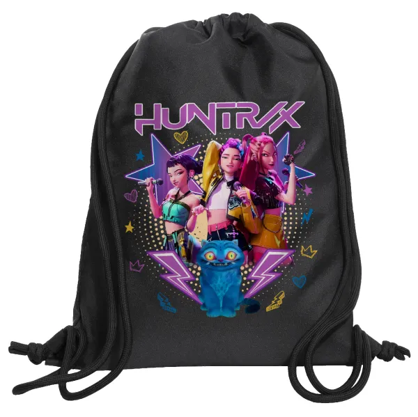 Huntrix K-pop series — Τσάντα πλάτης πουγκί GYMBAG Μαύρη, με τσέπη (40x48cm) & χονδρά κορδόνια