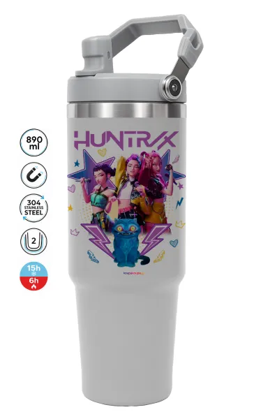 Huntrix K-pop series — ΓΚΡΙ Travel Tumbler Θερμός με χερούλι και καλαμάκι 890ml