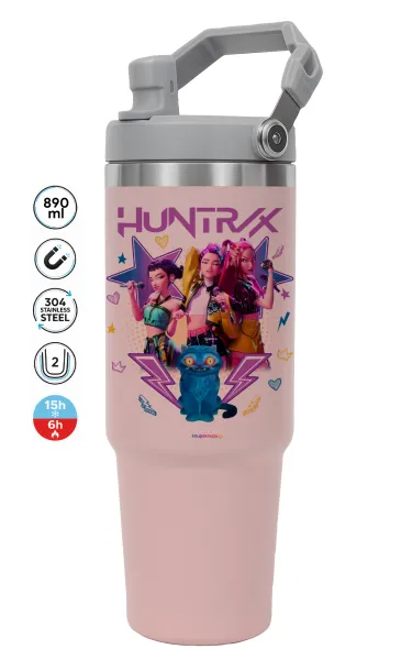 Huntrix K-pop series — ΡΟΖ Travel Tumbler Θερμός με χερούλι και καλαμάκι 890ml