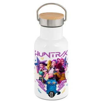 Huntrix K-pop series, Μεταλλικό παγούρι θερμός (Stainless steel) Λευκό με ξύλινο καπακι (bamboo), διπλού τοιχώματος, 350ml