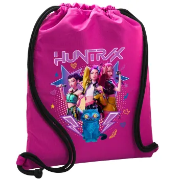 Huntrix K-pop series, Τσάντα πλάτης πουγκί GYMBAG Φούξια, με τσέπη (40x48cm) & χονδρά κορδόνια