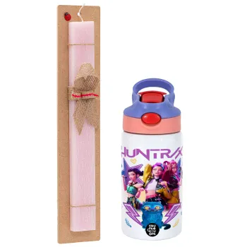 Huntrix K-pop series, Πασχαλινή Λαμπάδα με Παιδικό παγούρι θερμό, ανοξείδωτο, με καλαμάκι ασφαλείας, ροζ/μωβ (350ml) & κερί αρωματικό πλακέ (30cm) (ΡΟΖ)