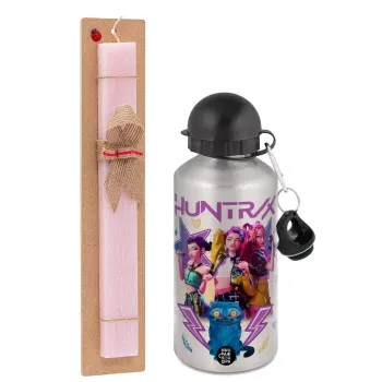 Huntrix K-pop series, Easter Set, metallic Silver aluminum water bottle (500ml) & scented flat Easter candle (30cm) (PINK)