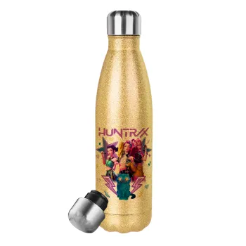 Huntrix K-pop series, Glitter gold stainless steel thermos bottle, double-walled, 500ml