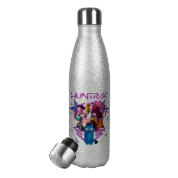 Huntrix K-pop series, Μεταλλικό παγούρι θερμός Glitter Aσημένιο (Stainless steel), διπλού τοιχώματος, 500ml