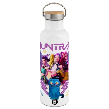 Huntrix K-pop series, Μεταλλικό παγούρι θερμός (Stainless steel) Λευκό με ξύλινο καπάκι (bamboo), διπλού τοιχώματος, 750ml