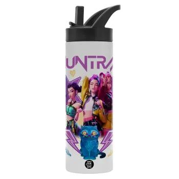 Huntrix K-pop series, Μεταλλικό παγούρι θερμός με καλαμάκι & χειρολαβή, ανοξείδωτο ατσάλι (Stainless steel 304), διπλού τοιχώματος, 600ml