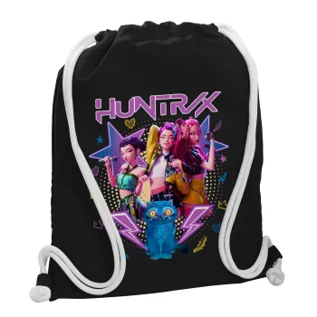 Huntrix K-pop series, Τσάντα πλάτης πουγκί GYMBAG Μαύρη, με τσέπη (40x48cm) & χονδρά λευκά κορδόνια