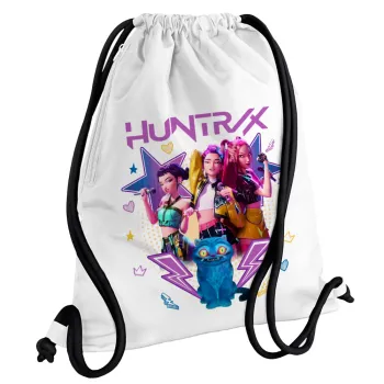 Huntrix K-pop series, Τσάντα πλάτης πουγκί GYMBAG λευκή, με τσέπη (40x48cm) & χονδρά κορδόνια