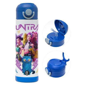 Huntrix K-pop series, Children's hot water bottle, stainless steel, with safety straw, BLUE (500ml)