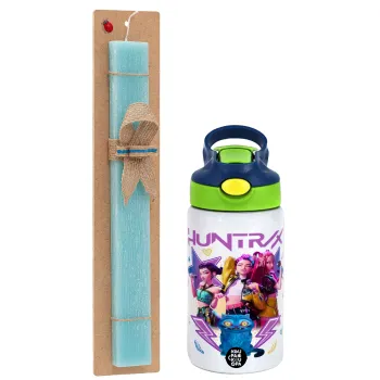 Huntrix K-pop series, Easter Set, Children's thermal stainless steel bottle with safety straw, green/blue (350ml) & aromatic flat Easter candle (30cm) (TURQUOISE)