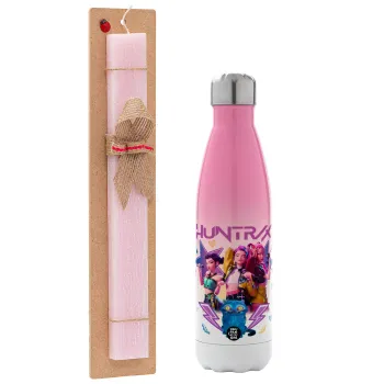 Huntrix K-pop series, Easter Set, Metallic pink/white (Stainless steel) thermos, double-walled, 500ml & aromatic flat Easter candle (30cm) (PINK)