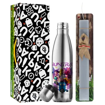 Huntrix K-pop series, Easter Set, metallic stainless thermos flask (500ml) & scented flat Easter candle (30cm) (GRAY)